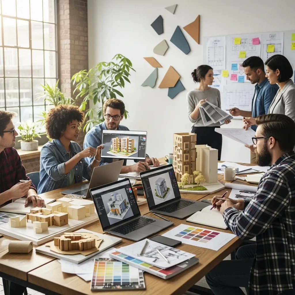 Team members working together on design project